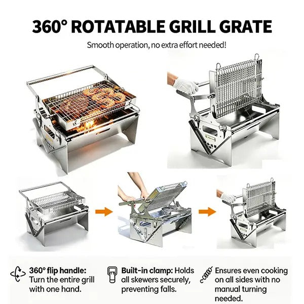 360° Rotatable Flip BBQ Grill Foldable Stainless Steel Portable Camping Outdoor Grill