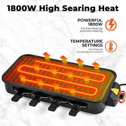 1800W 2-in-1 Indoor Smokeless Electric Grill & Pan, Non-Stick Removable Plate