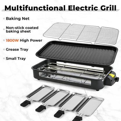 1800W 2-in-1 Indoor Smokeless Electric Grill & Pan, Non-Stick Removable Plate